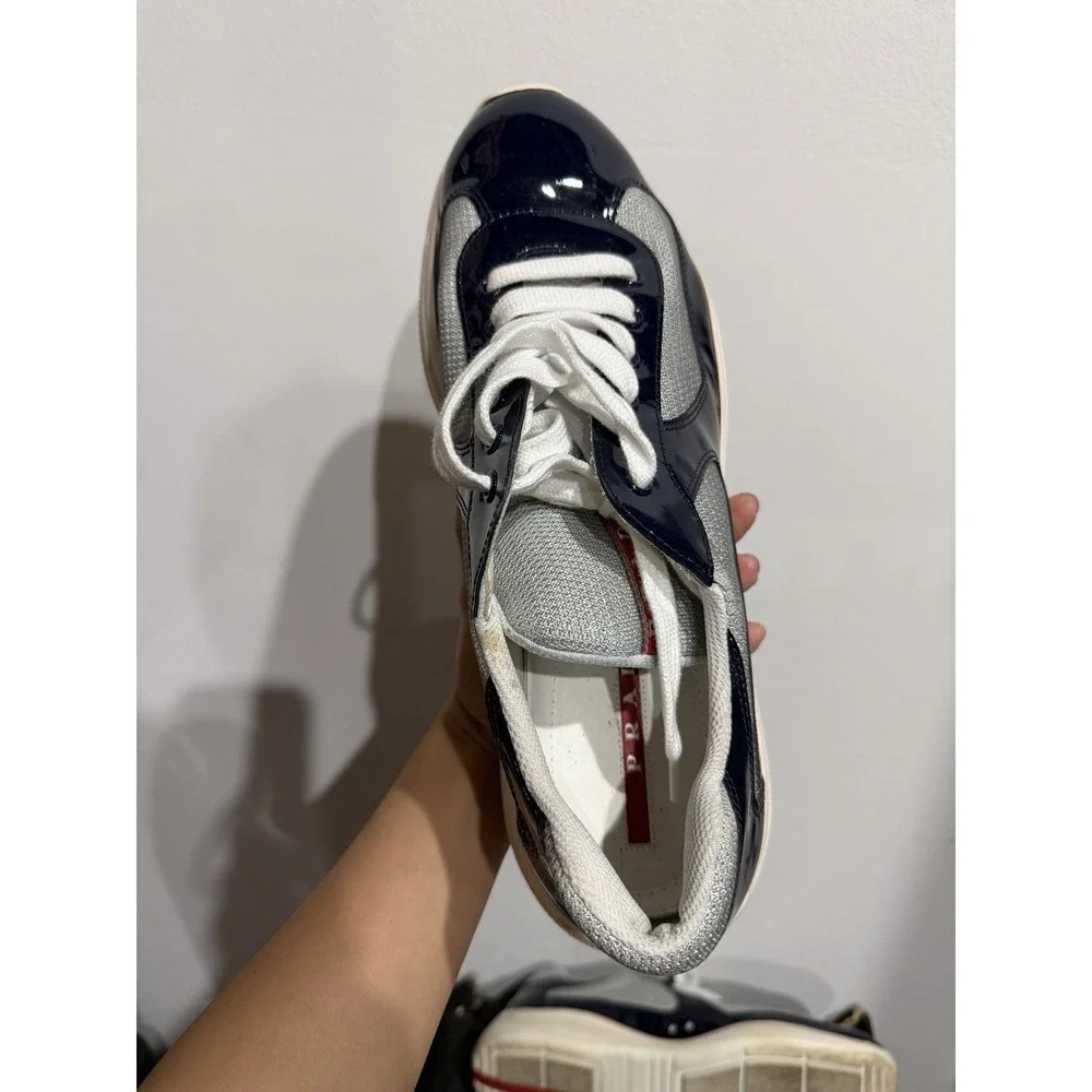 Prada Vernice Bike Patent Mesh Sneakers Navy/Silver Mens Size 11